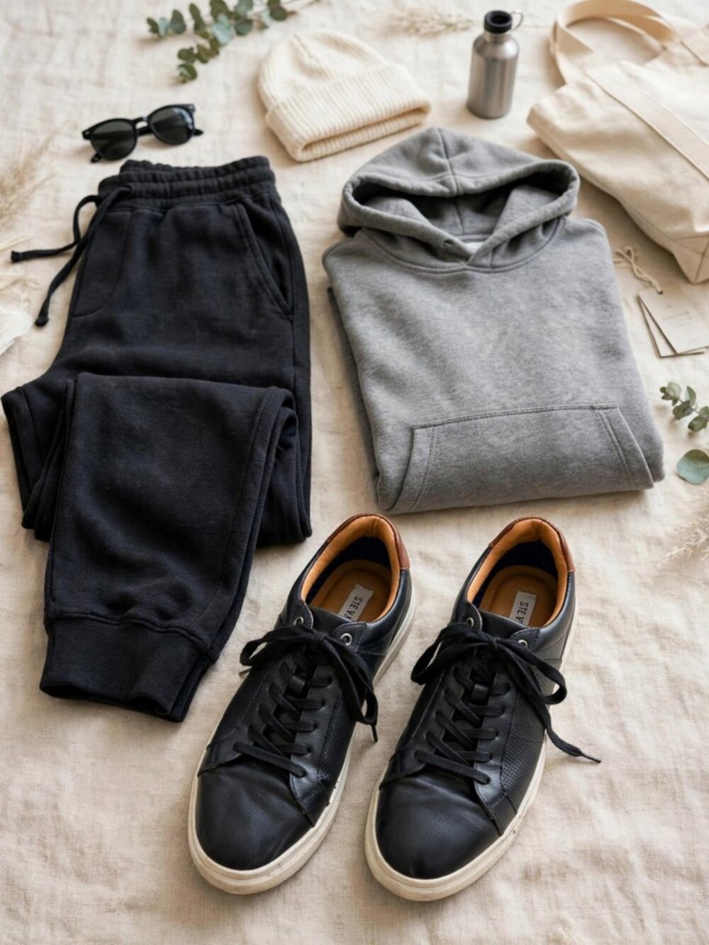 Tucker Black Leather Sneakers with Tan Collar and White Sole